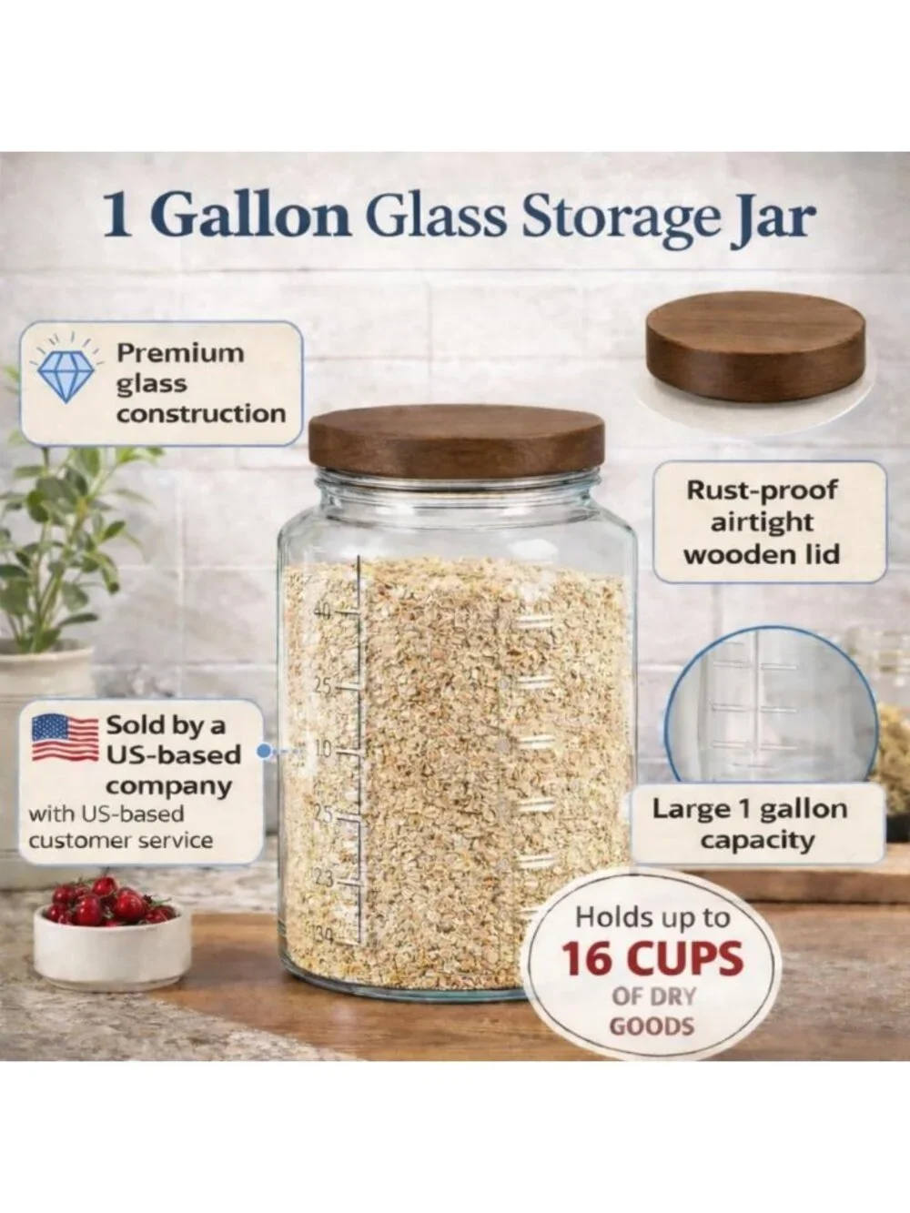 2 Pack Wide Mouth 1 Gallon Glass Mason Jars with Airtight Wooden Lids for Food